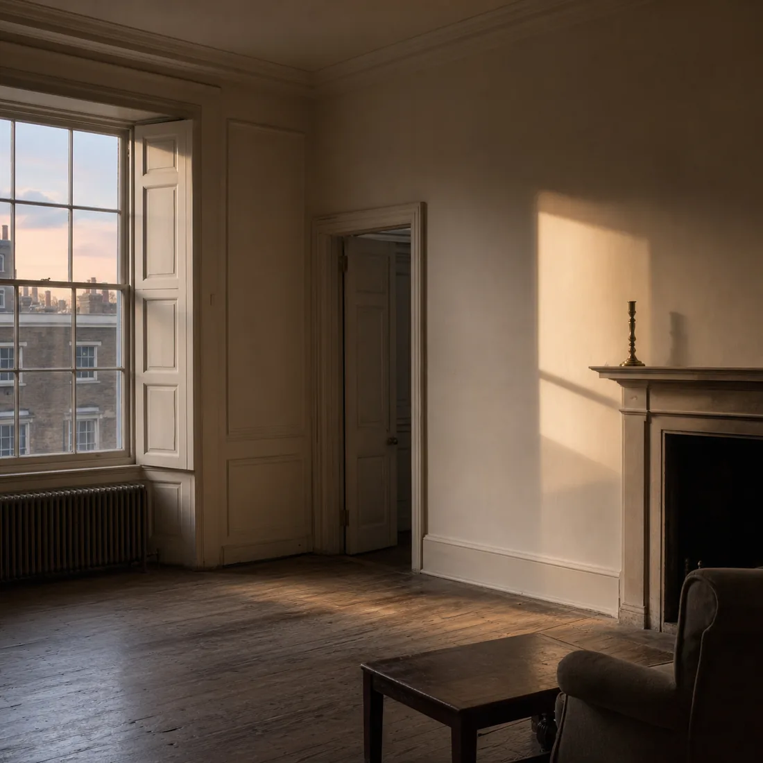 An empty Georgian drawing room at dusk, shutters half-closed over bare boards, a single shaft of light on the wall
