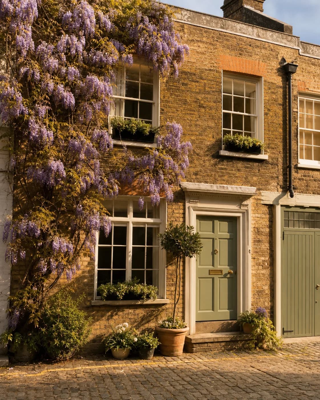 Brick mews house with a sage-green front door and wisteria, on a cobbled street in low sun